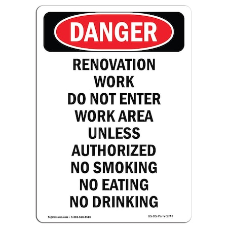 Signmission OSHA Danger Sign, 18" Height, Aluminum, Portrait Renovation Work Do Not Enter, Portrait OS-DS-A-1218-V-1747
